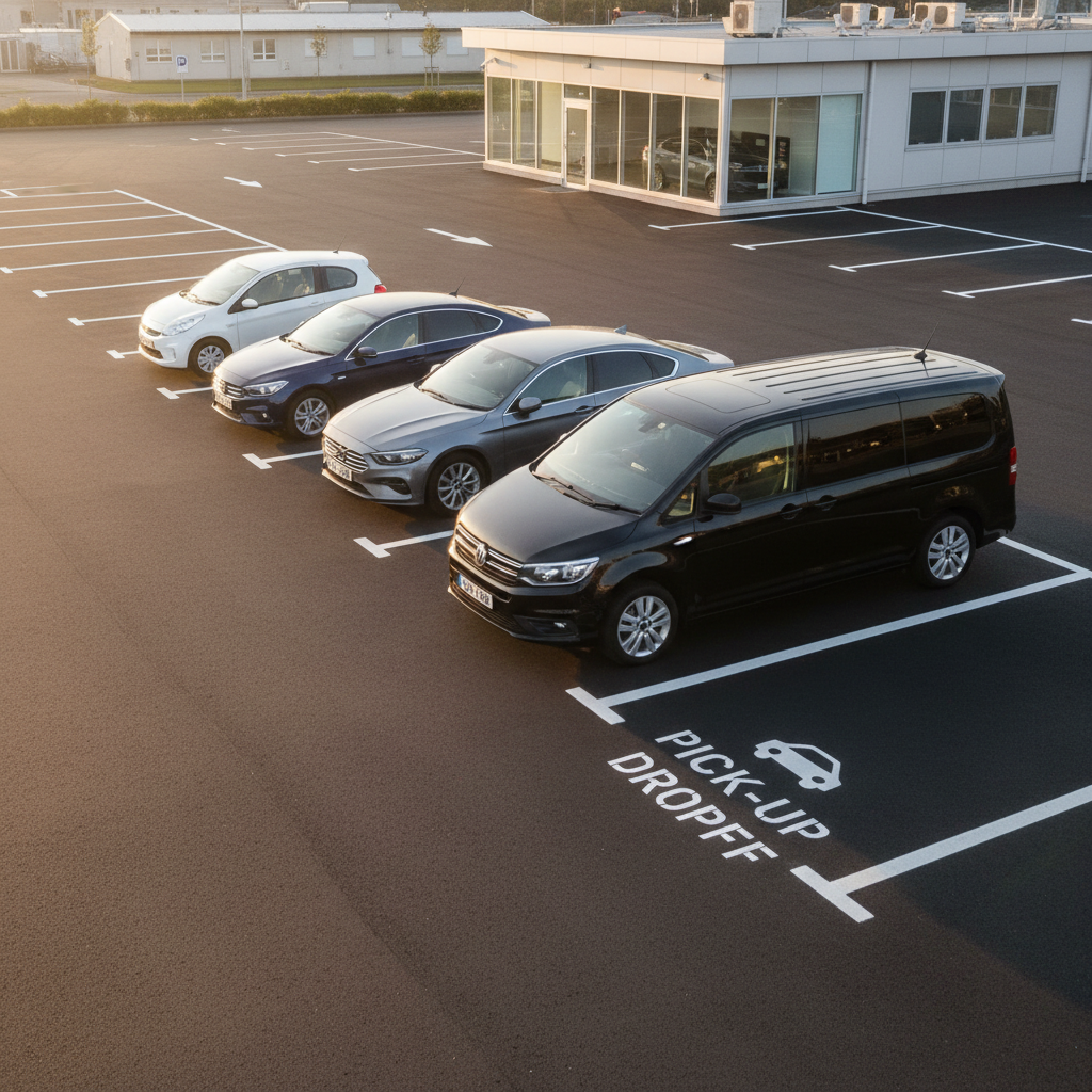A bright, well-organized rental car parking lot featuring a neat row of different vehicle types: a white compact city car, a navy blue sedan, a metallic gray SUV, and a black van, all spotless and aligned perfectly. Painted parking lines are freshly marked on clean asphalt, with subtle directional signage leading to “Pick-Up / Drop-Off”. Soft golden hour sunlight creates a warm glow on the vehicles’ polished surfaces and long, gentle shadows behind them. Photographed from a slightly elevated angle with sharp focus throughout, the background shows a simple, modern agency building. The mood is professional and efficient, emphasizing variety and reliability in a clean, photographic realism style.
