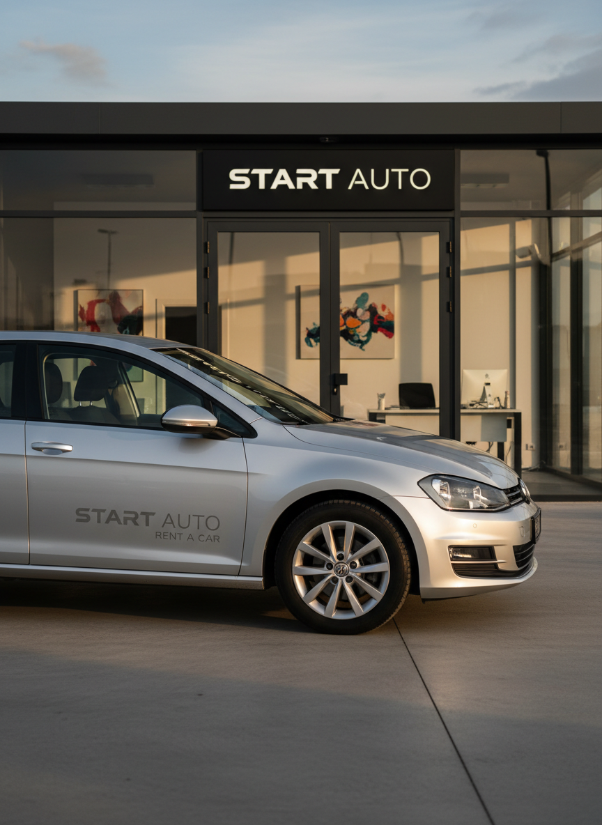 A sleek metallic-silver compact rental car with clean, reflective bodywork and subtle branding of “START AUTO RENT A CAR” on the door, parked at the front of a modern glass-fronted agency office. The building has a minimalist facade with dark aluminum frames and a clear, illuminated logo above the entrance. Late afternoon natural light washes over the car, creating crisp highlights on the curves of the hood and soft shadows on the pavement. Shot at eye level with photographic realism, the composition follows the rule of thirds, with the car in the foreground and the slightly blurred office interior visible behind, conveying a professional, trustworthy atmosphere.